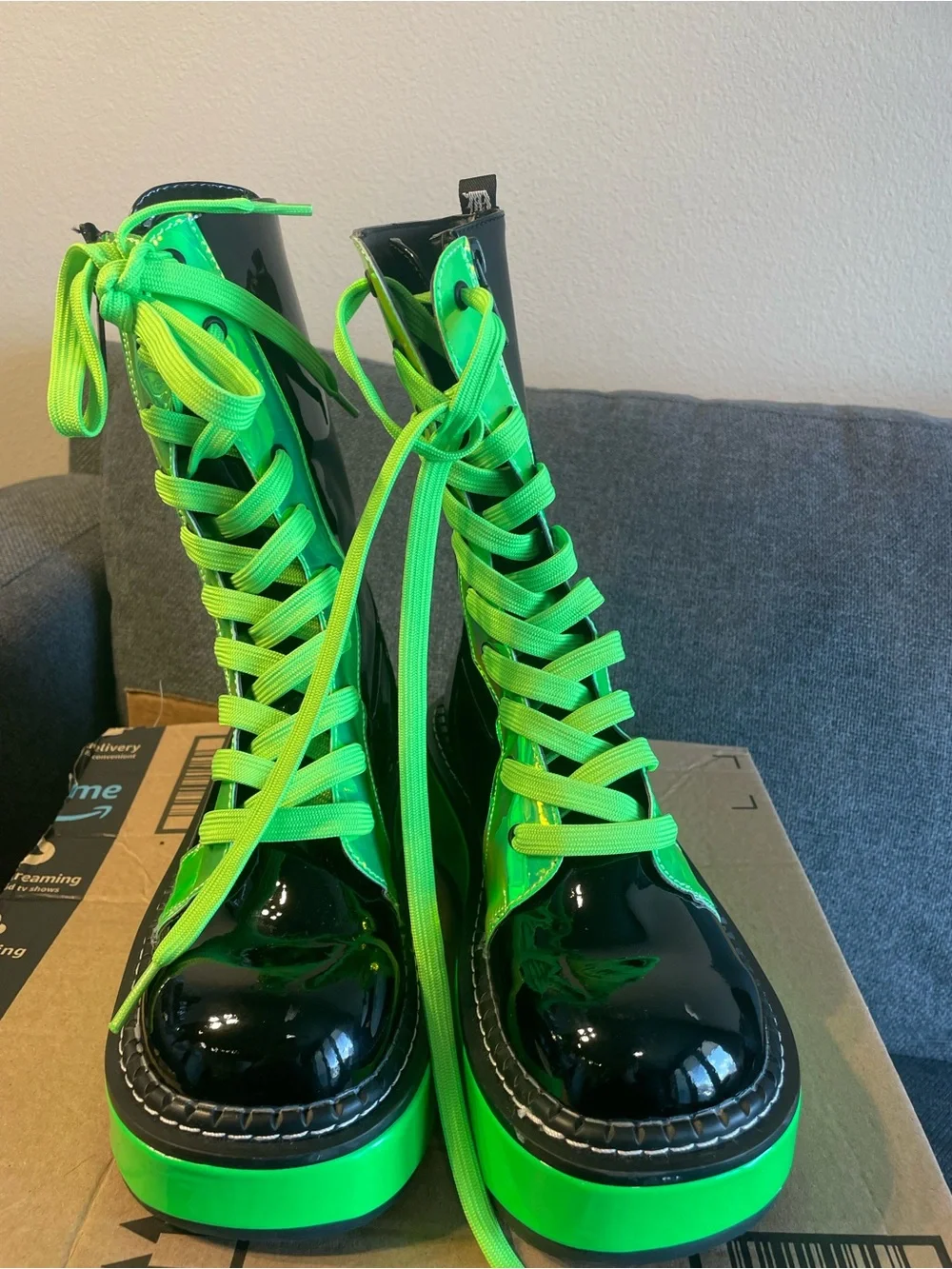 Demonia Women’s Black Lace-Up Platforms with Neon Green Accents